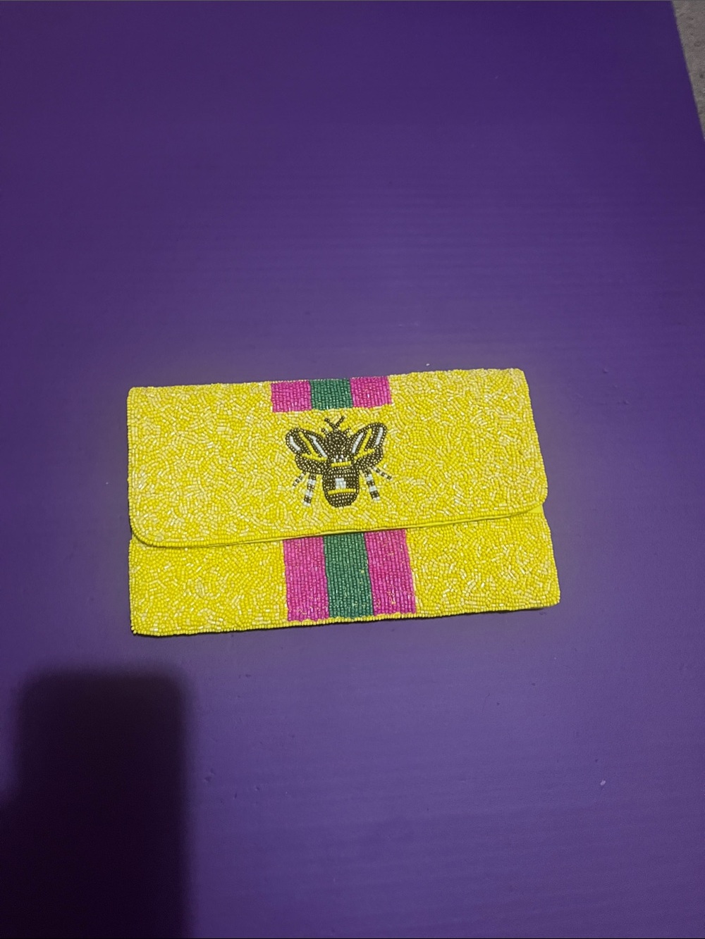 Yellow Beaded Bee-Embellished Clutch with Pink & Green Stripe
